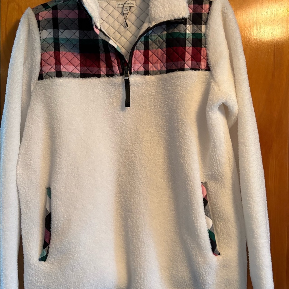 Vera Bradley Cream Sherpa Pullover with Pink and Teal Plaid Yoke